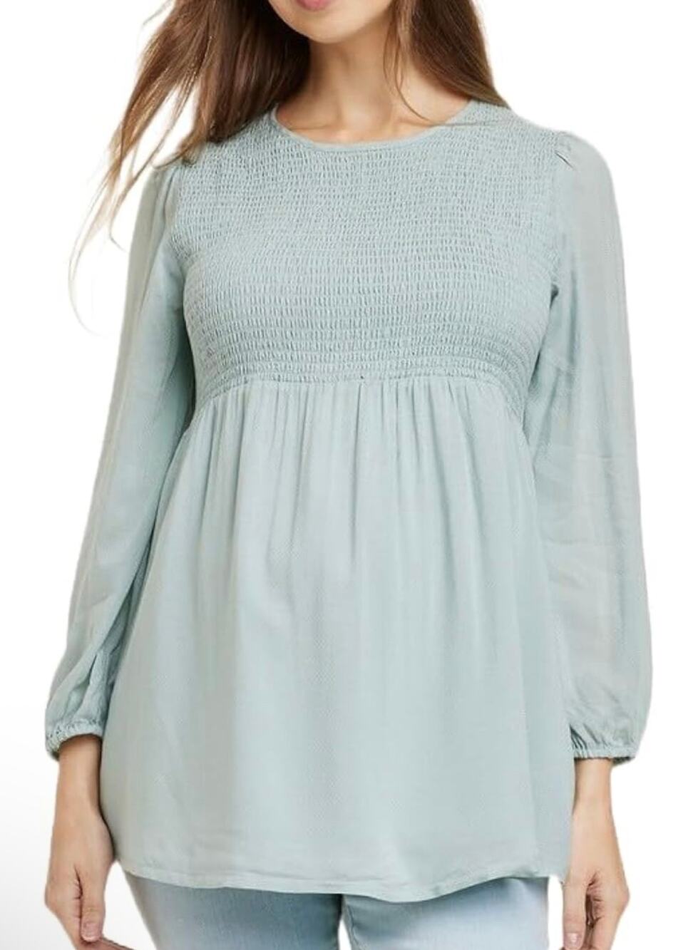 Ingrid & Isabel Maternity Greenish Blue Long Sleeve Smocked Woven Top L